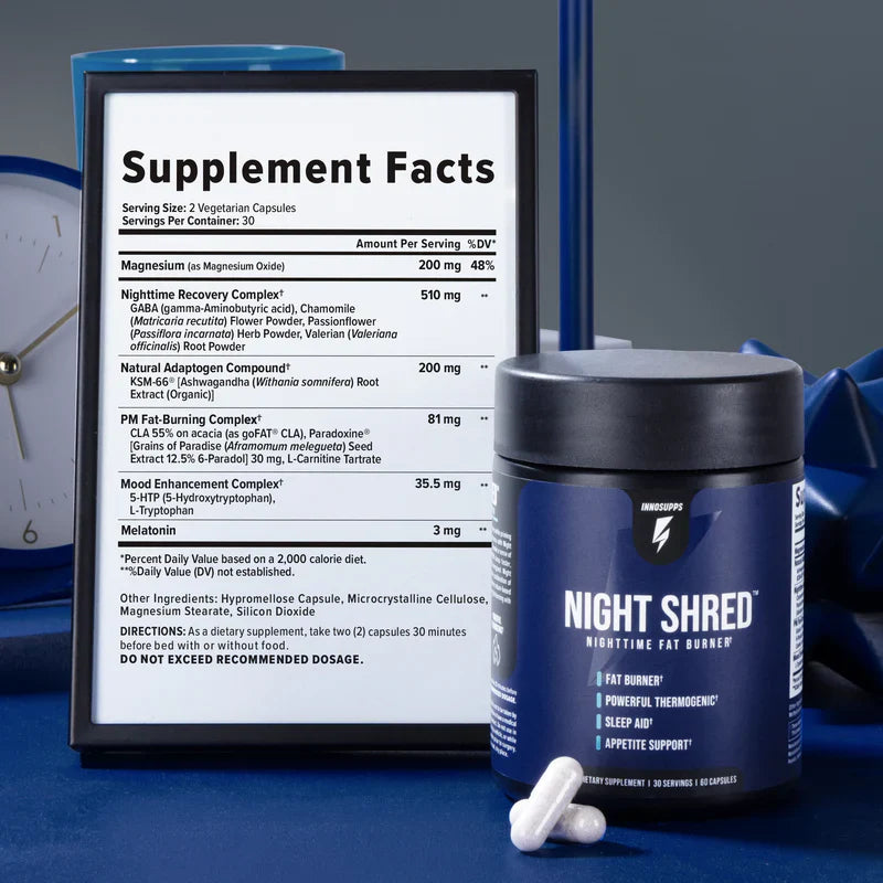 Night Shred Fat Burner and Natural Sleep Support | Ashwaganda, 5-HTP, CLA, Melatonin | Appetite Suppressant | Weight Loss Support Nighttime Fat Burning (60 Vegetarian Capsules)