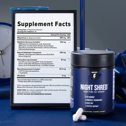 Night Shred Fat Burner and Natural Sleep Support | Ashwaganda, 5-HTP, CLA, Melatonin | Appetite Suppressant | Weight Loss Support Nighttime Fat Burning (60 Vegetarian Capsules)